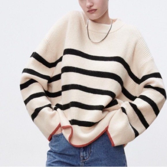ZARA OFF-WHITE BLACK STRIPE MOCK NECK RIBBED PULLOVER SWEATER WOMENS SMALL - Picture 1 of 8